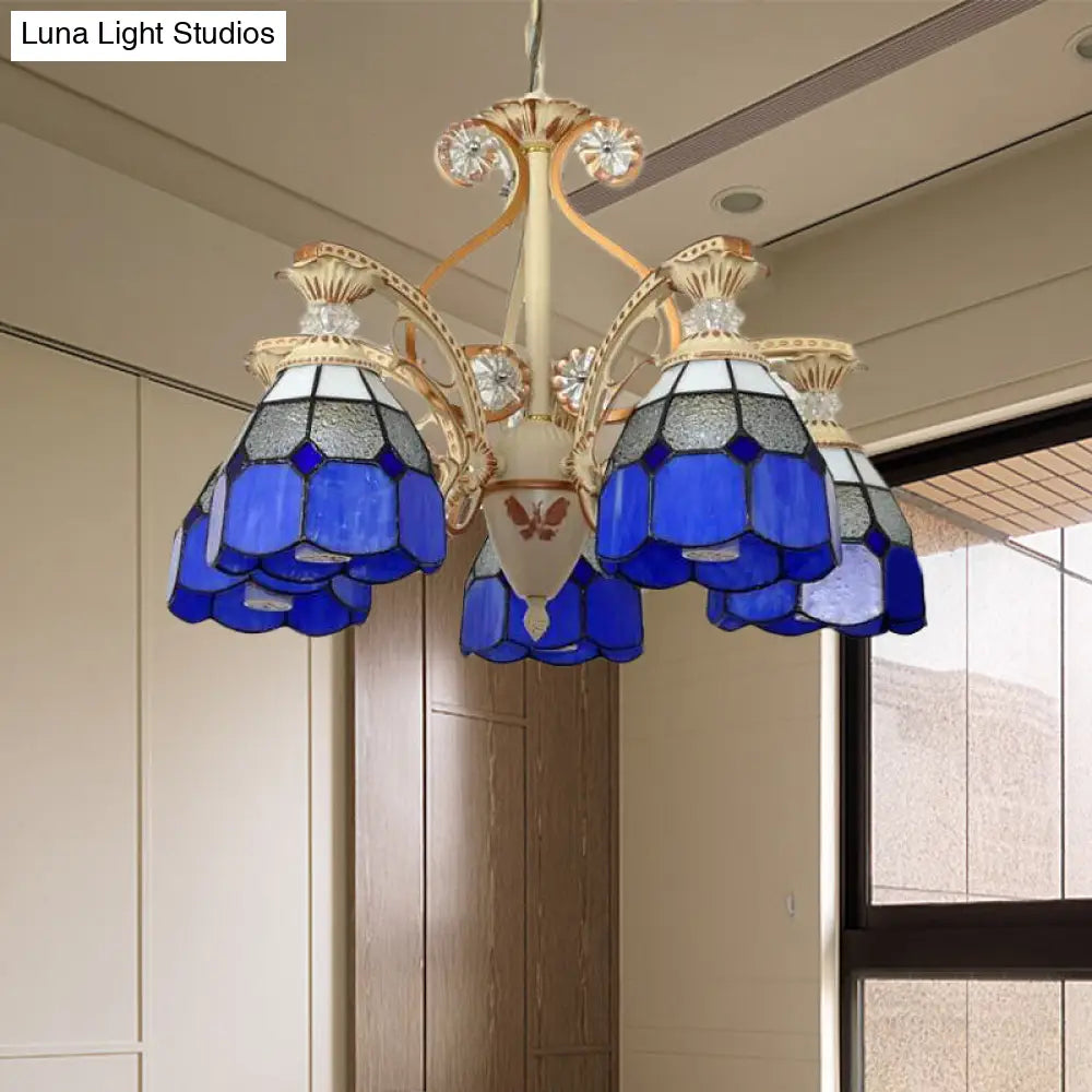 Baroque Grid Cut Glass Pendant Chandelier - 3/5 Lights in Orange/Blue - Curved Arm - 19"/19.5