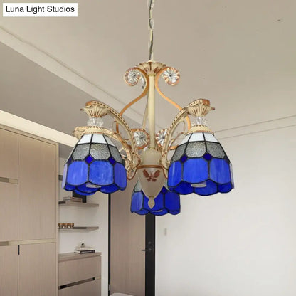 Baroque Grid Cut Glass Pendant Chandelier - 3/5 Lights in Orange/Blue - Curved Arm - 19"/19.5