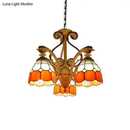 Baroque Grid Cut Glass Pendant Chandelier - 3/5 Lights in Orange/Blue - Curved Arm - 19"/19.5