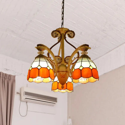 Baroque Grid Cut Glass Pendant Chandelier - 3/5 Lights in Orange/Blue - Curved Arm - 19"/19.5