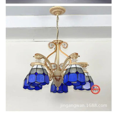 Baroque Grid Cut Glass Pendant Chandelier - 3/5 Lights in Orange/Blue - Curved Arm - 19"/19.5