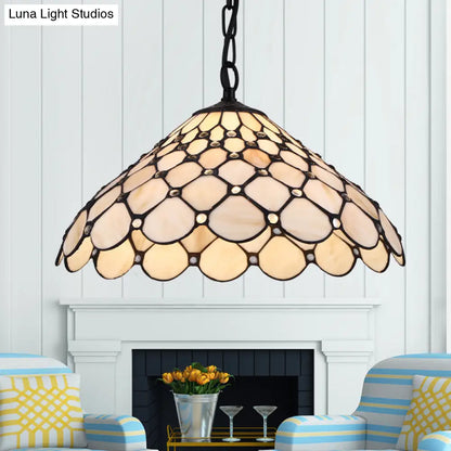 Baroque Hand-Cut Beige Glass Fishscale Pendant Light with Suspension for 1 Bulb