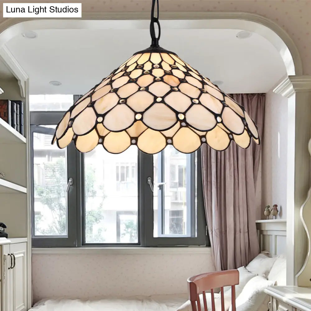 Baroque Hand-Cut Beige Glass Fishscale Pendant Light with Suspension for 1 Bulb