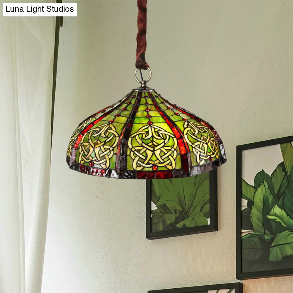 Baroque Hand-Cut Glass Pendant Light: Barn Ceiling Green Chandelier with Beaded Deco- 3 Bulbs