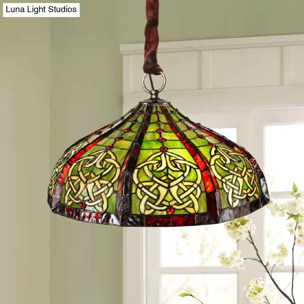 Baroque Hand-Cut Glass Pendant Light: Barn Ceiling Green Chandelier with Beaded Deco- 3 Bulbs