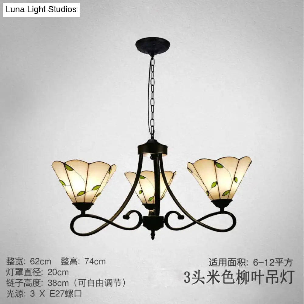 Baroque Hanging Chandelier with Scalloped Glass Shades and Curved Arm - 3/5 Lights in White, Yellow, or Beige - Suspension Lighting for Living Room