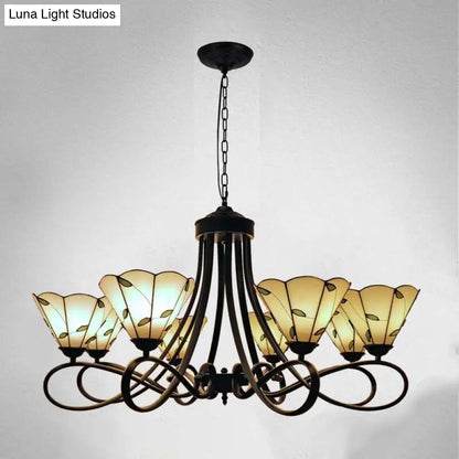 Baroque Hanging Chandelier with Scalloped Glass Shades and Curved Arm - 3/5 Lights in White, Yellow, or Beige - Suspension Lighting for Living Room