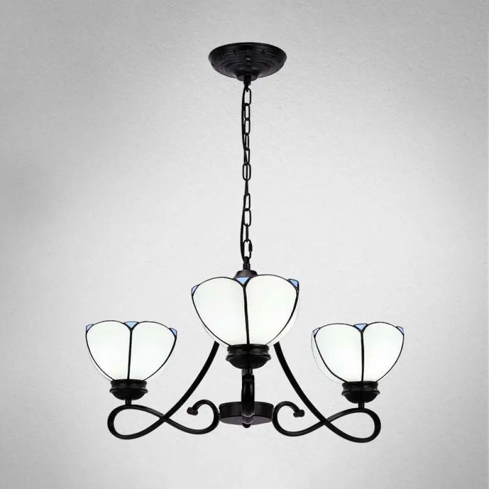 Baroque Hanging Chandelier with Scalloped Glass Shades and Curved Arm - 3/5 Lights in White, Yellow, or Beige - Suspension Lighting for Living Room