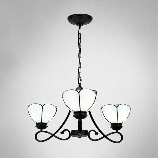 ثريا باروكية معلقة مع ظلال زجاجية مزخرفة وذراع منحني - 3/5 مصابيح باللون الأبيض أو الأصفر أو البيج - إضاءة معلقة لغرفة المعيشة