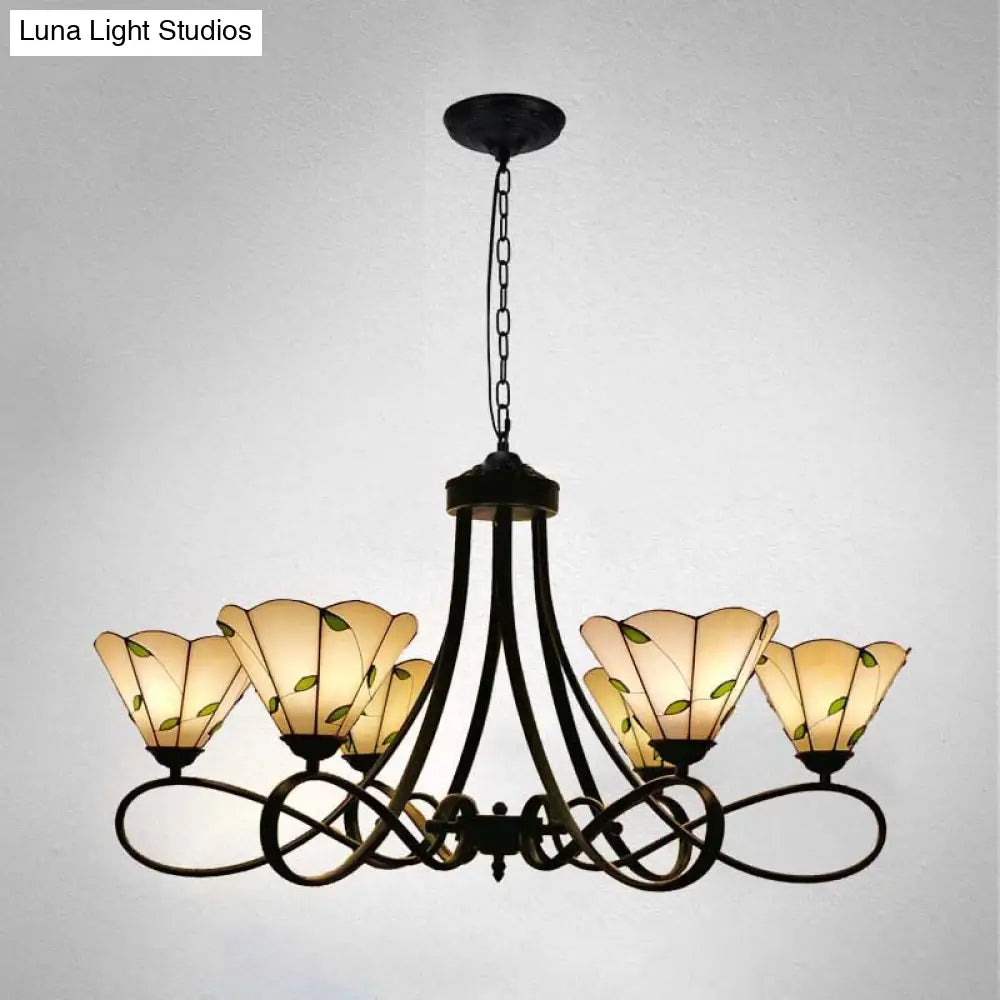 Baroque Hanging Chandelier with Scalloped Glass Shades and Curved Arm - 3/5 Lights in White, Yellow, or Beige - Suspension Lighting for Living Room