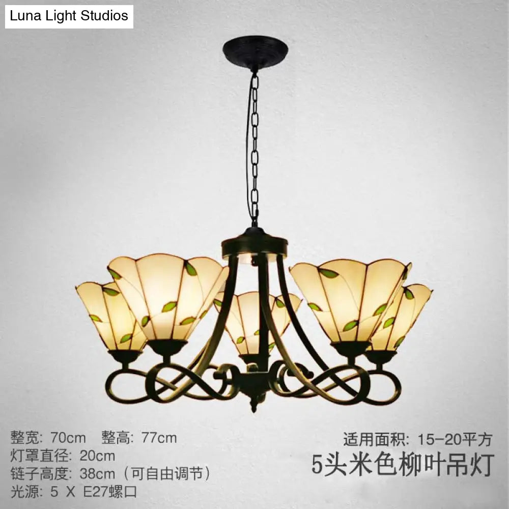 Baroque Hanging Chandelier with Scalloped Glass Shades and Curved Arm - 3/5 Lights in White, Yellow, or Beige - Suspension Lighting for Living Room