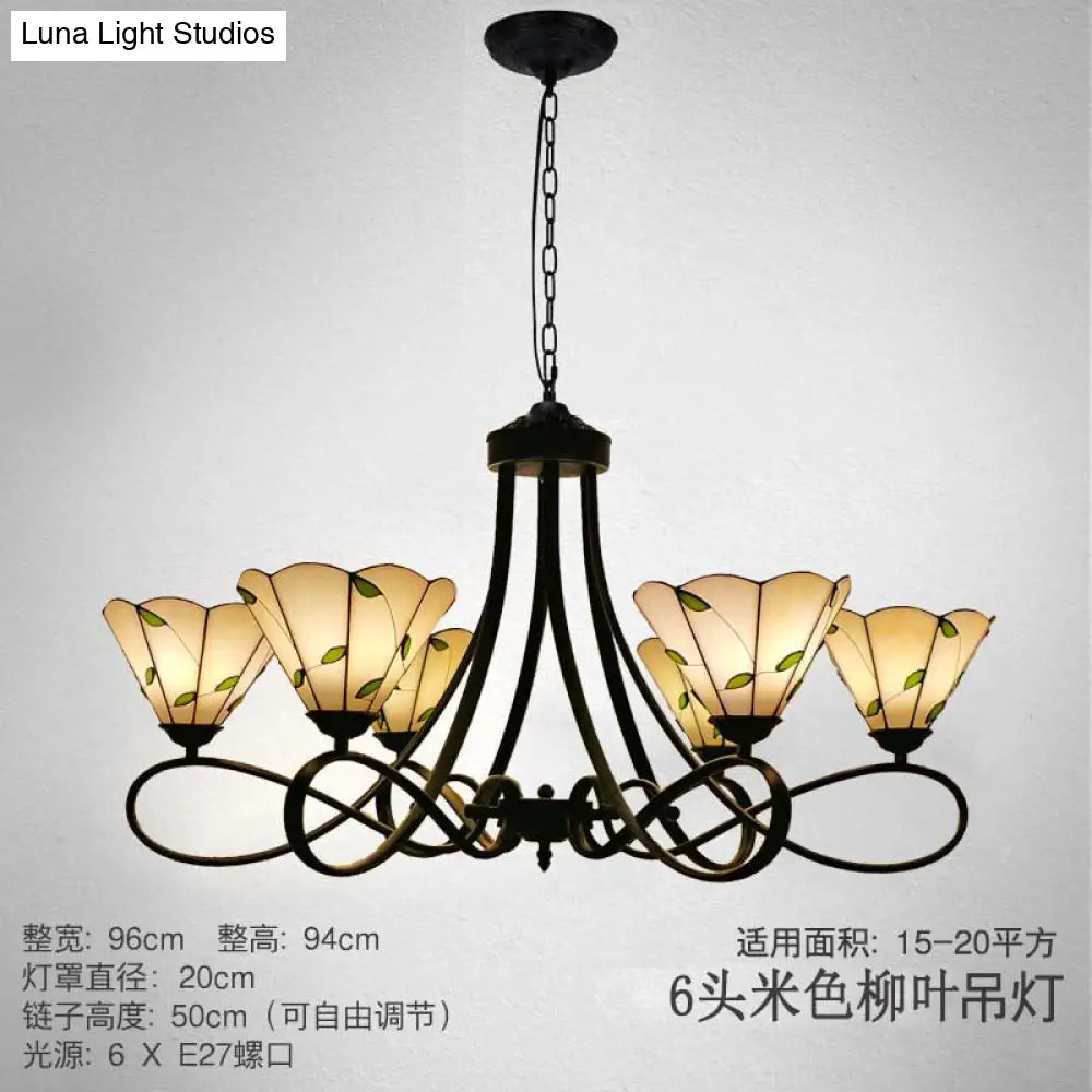 Baroque Hanging Chandelier with Scalloped Glass Shades and Curved Arm - 3/5 Lights in White, Yellow, or Beige - Suspension Lighting for Living Room