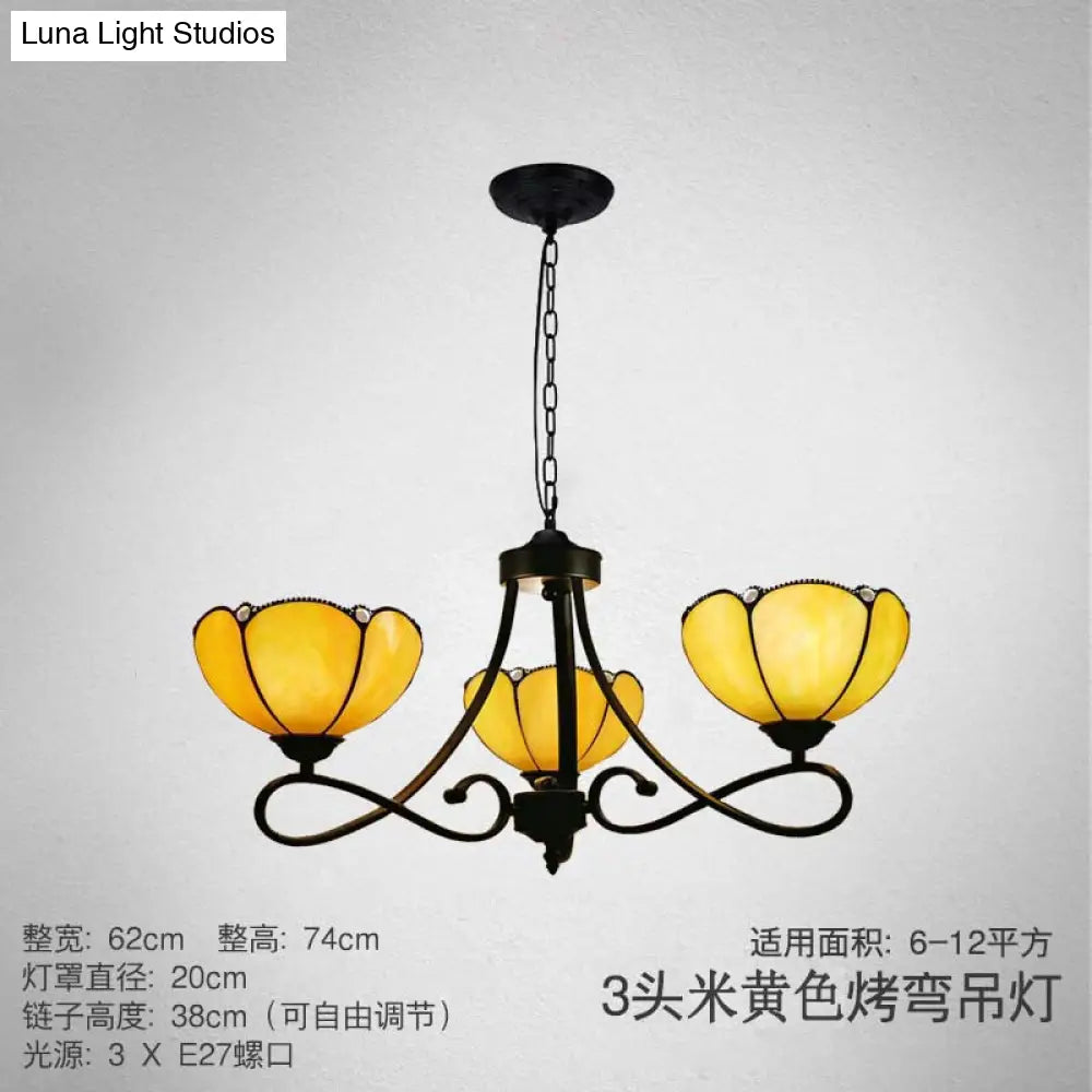 Baroque Hanging Chandelier with Scalloped Glass Shades and Curved Arm - 3/5 Lights in White, Yellow, or Beige - Suspension Lighting for Living Room