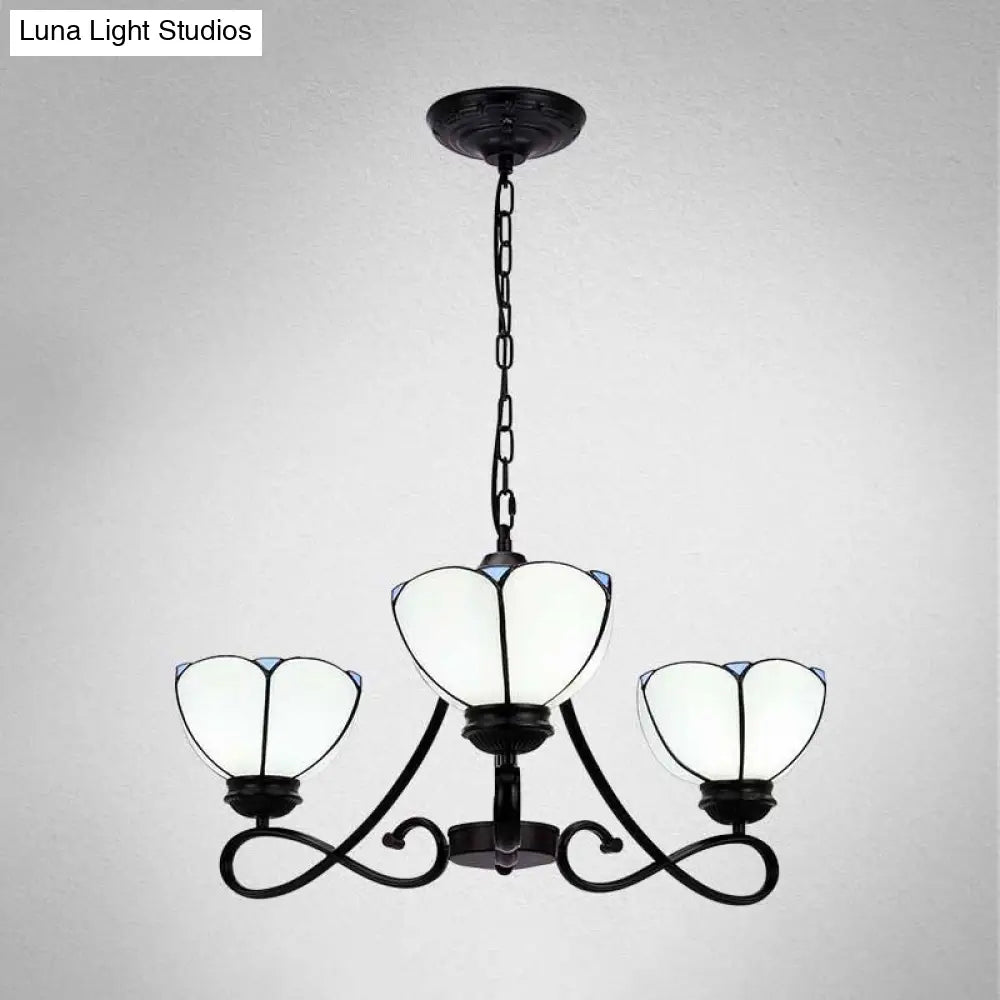 Baroque Hanging Chandelier with Scalloped Glass Shades and Curved Arm - 3/5 Lights in White, Yellow, or Beige - Suspension Lighting for Living Room