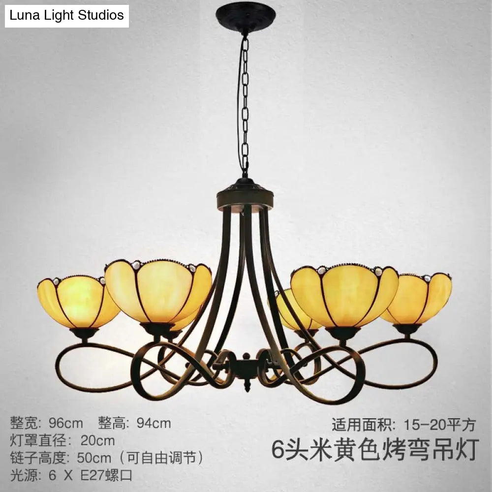 Baroque Hanging Chandelier with Scalloped Glass Shades and Curved Arm - 3/5 Lights in White, Yellow, or Beige - Suspension Lighting for Living Room