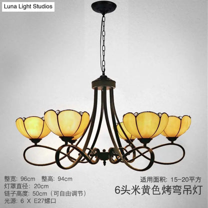 Baroque Hanging Chandelier with Scalloped Glass Shades and Curved Arm - 3/5 Lights in White, Yellow, or Beige - Suspension Lighting for Living Room