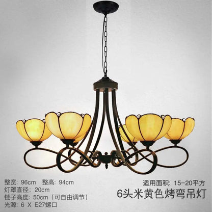 Baroque Hanging Chandelier with Scalloped Glass Shades and Curved Arm - 3/5 Lights in White, Yellow, or Beige - Suspension Lighting for Living Room