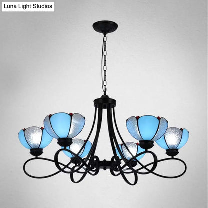 Baroque Hanging Chandelier with Scalloped Glass Shades and Curved Arm - 3/5 Lights in White, Yellow, or Beige - Suspension Lighting for Living Room