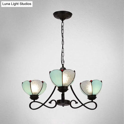 Baroque Hanging Chandelier with Scalloped Glass Shades and Curved Arm - 3/5 Lights in White, Yellow, or Beige - Suspension Lighting for Living Room