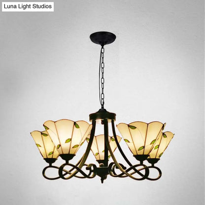 Baroque Hanging Chandelier with Scalloped Glass Shades and Curved Arm - 3/5 Lights in White, Yellow, or Beige - Suspension Lighting for Living Room