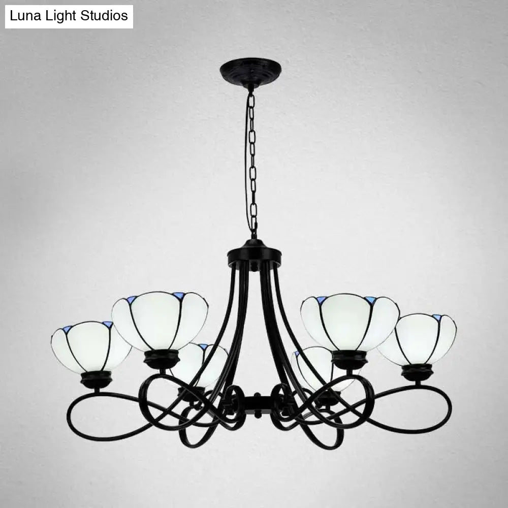 Baroque Hanging Chandelier with Scalloped Glass Shades and Curved Arm - 3/5 Lights in White, Yellow, or Beige - Suspension Lighting for Living Room