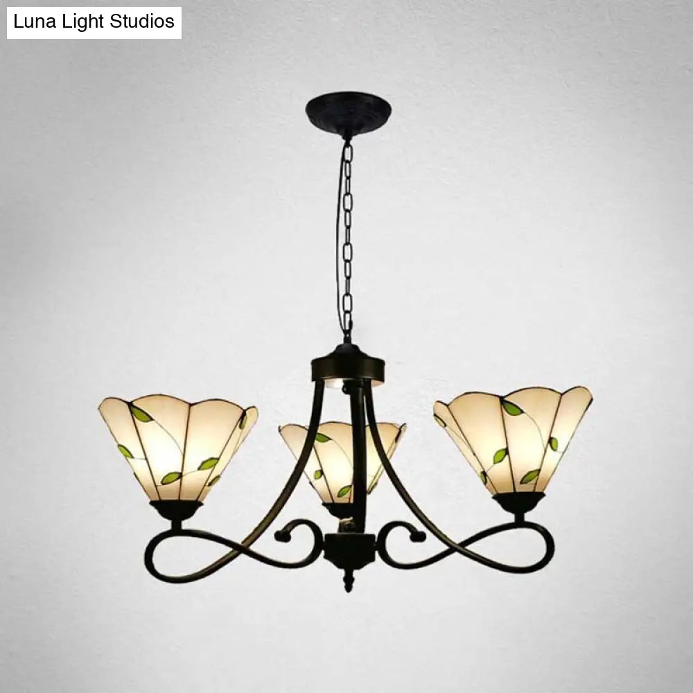 Baroque Hanging Chandelier with Scalloped Glass Shades and Curved Arm - 3/5 Lights in White, Yellow, or Beige - Suspension Lighting for Living Room