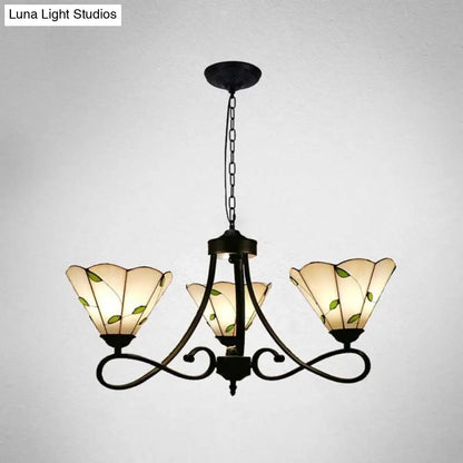 Baroque Hanging Chandelier with Scalloped Glass Shades and Curved Arm - 3/5 Lights in White, Yellow, or Beige - Suspension Lighting for Living Room