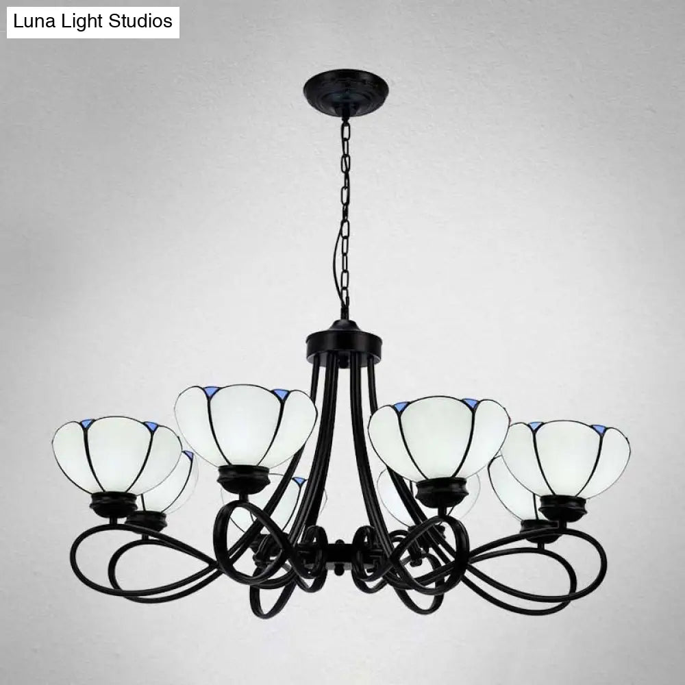 Baroque Hanging Chandelier with Scalloped Glass Shades and Curved Arm - 3/5 Lights in White, Yellow, or Beige - Suspension Lighting for Living Room