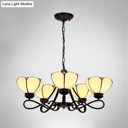 Baroque Hanging Chandelier with Scalloped Glass Shades and Curved Arm - 3/5 Lights in White, Yellow, or Beige - Suspension Lighting for Living Room