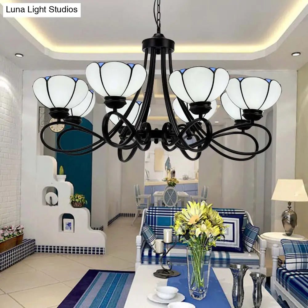 Baroque Hanging Chandelier with Scalloped Glass Shades and Curved Arm - 3/5 Lights in White, Yellow, or Beige - Suspension Lighting for Living Room