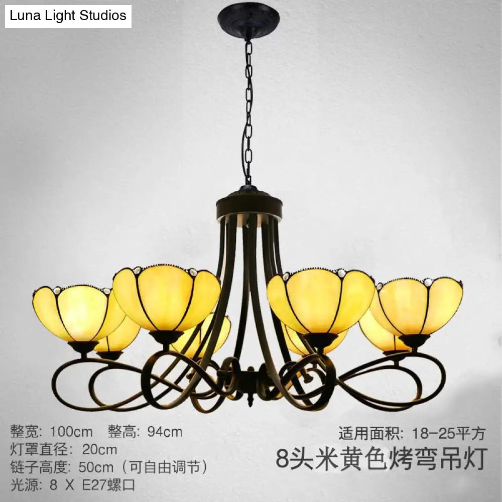 Baroque Hanging Chandelier with Scalloped Glass Shades and Curved Arm - 3/5 Lights in White, Yellow, or Beige - Suspension Lighting for Living Room