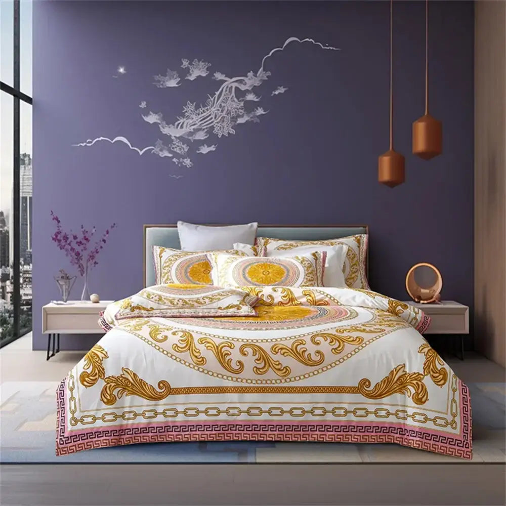 White and gold ornate baroque bedding set with pink trim in 1200tc golden egyptian cotton for luxury decorbites bedroom
