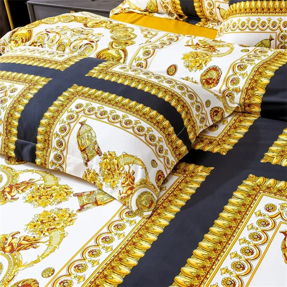 Baroque navy and gold egyptian cotton bedding set with bold patterns featuring decorbites 1200tc golden fabric