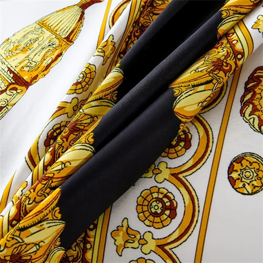 A luxurious white silk scarf with gold brown baroque patterns and black satin ribbon for decorbites 1200tc golden bedding set