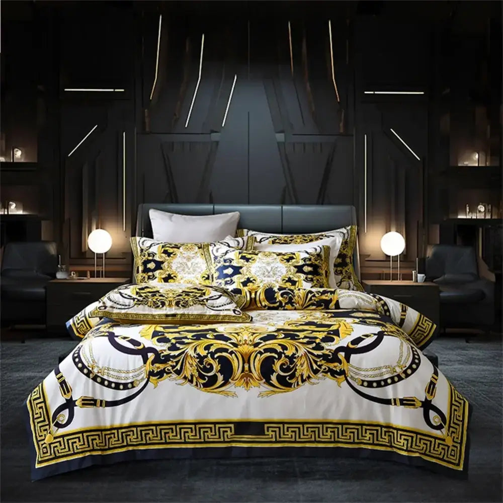 Luxury baroque navy and gold bedding set in 1200tc golden egyptian cotton with bold satin-like patterns for bedroom decorbites 1200tc golden