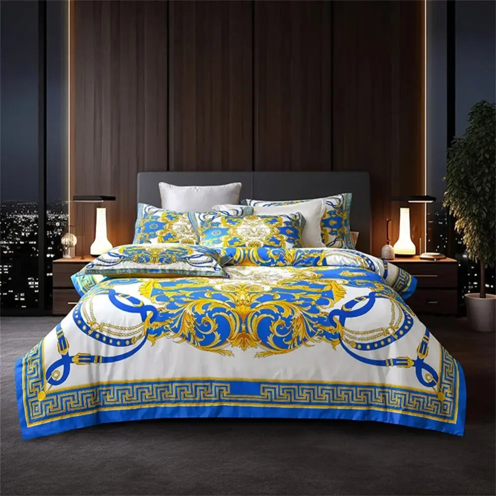 Baroque navy and gold egyptian cotton bedding set with blue and gold ornate pattern on white base decorbites 1200tc golden