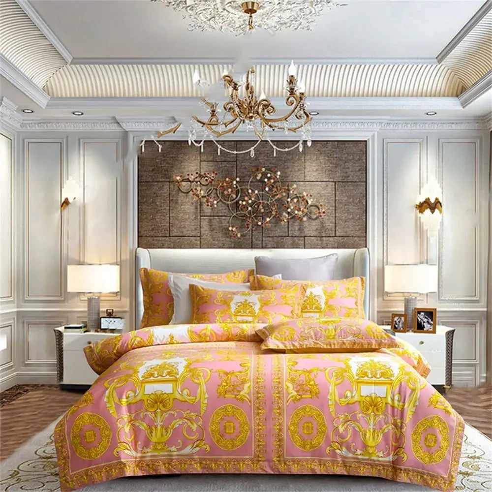Baroque navy and gold egyptian cotton bedding set featuring pink and gold patterned decorbites 1200tc golden design