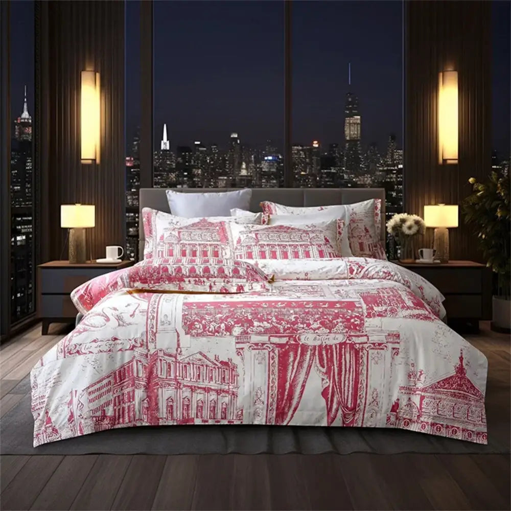 Baroque navy and gold egyptian cotton bedding set featuring red and white printed architectural illustrations decorbites 1200tc golden