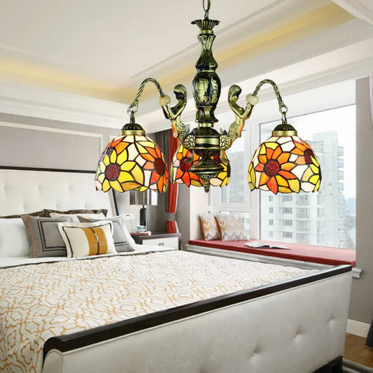 ثريا باروكية برتقالية اللون مع غطاء عباد الشمس من الزجاج الملون و3 مصابيح لسقف غرفة الطعام