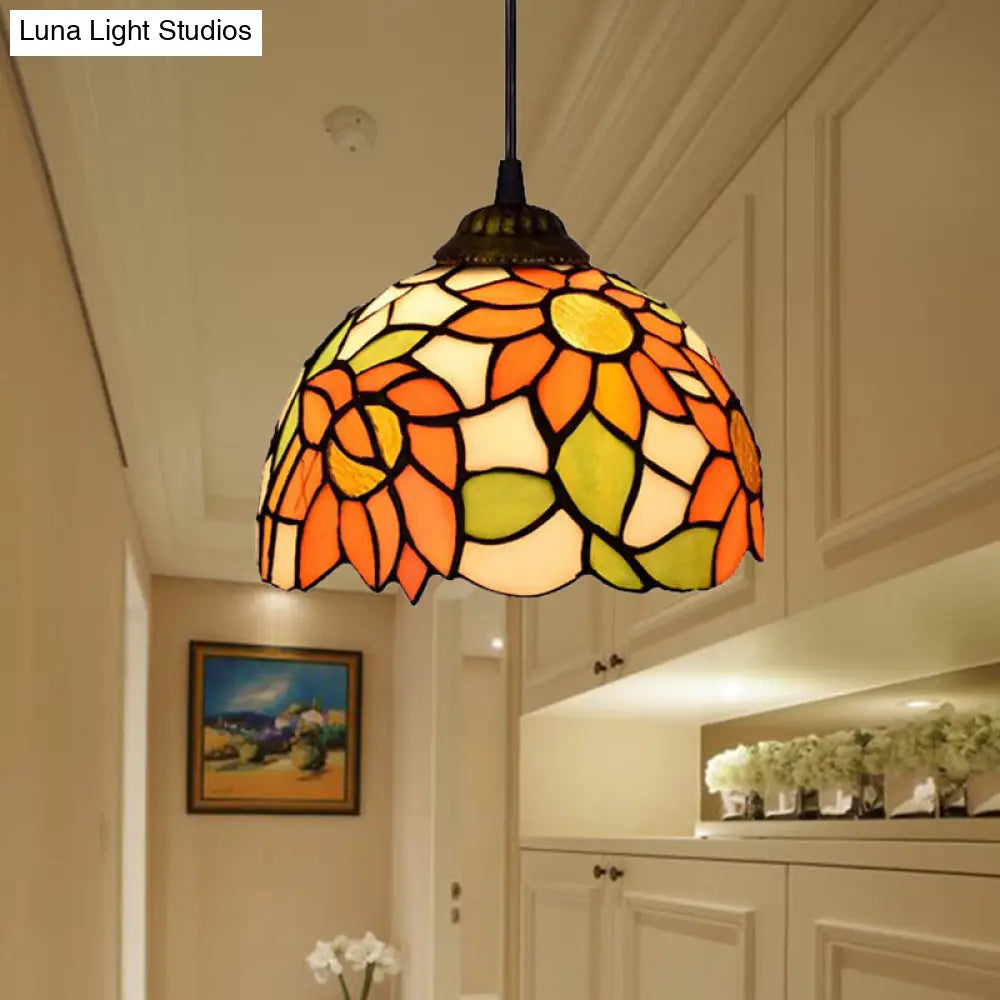 Baroque Orange Living Room Suspension Lighting Fixture with Stained Art Glass Shade