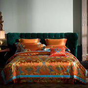 Orchid-colored satin bedding set with gold and turquoise baroque patterns made of 200s embroidery cotton