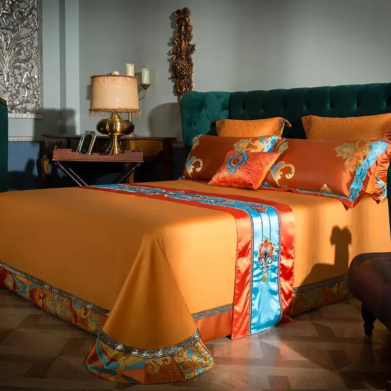 Baroque orchid and gold 200s embroidery cotton bedding set with orchid satin bedspread and blue and orange floral border