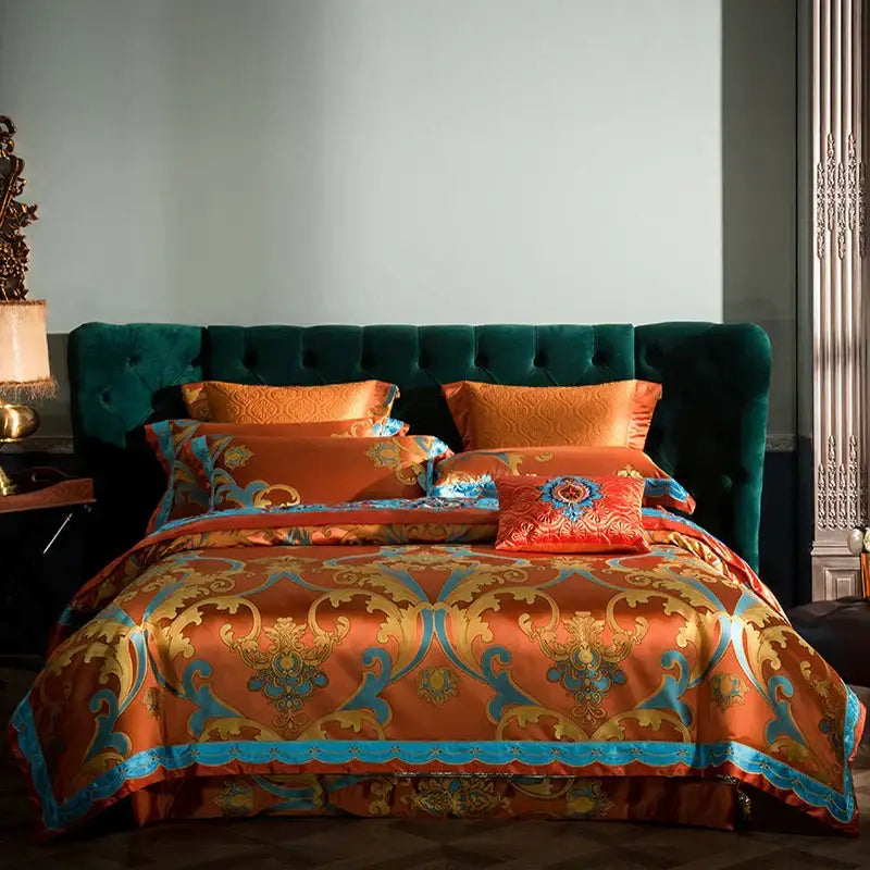Orchid-colored satin bedding set with gold and turquoise baroque patterns in 200s embroidery cotton fabric