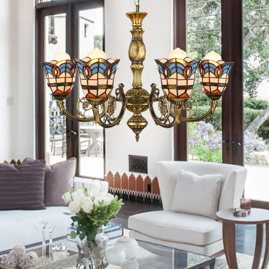 ثريا ذيل الطاووس الباروكية مع 6 ثريات زجاجية ملونة عتيقة من البرونز العتيق