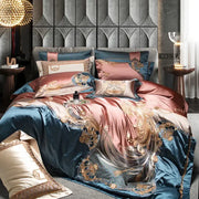 Luxurious satin 1500tc egyptian cotton bedding set in rose gold and deep teal with golden baroque embroidery