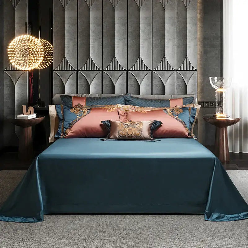 Teal satin 1500tc egyptian cotton bedding set with elegant draping and rose gold navy embroidered pillows