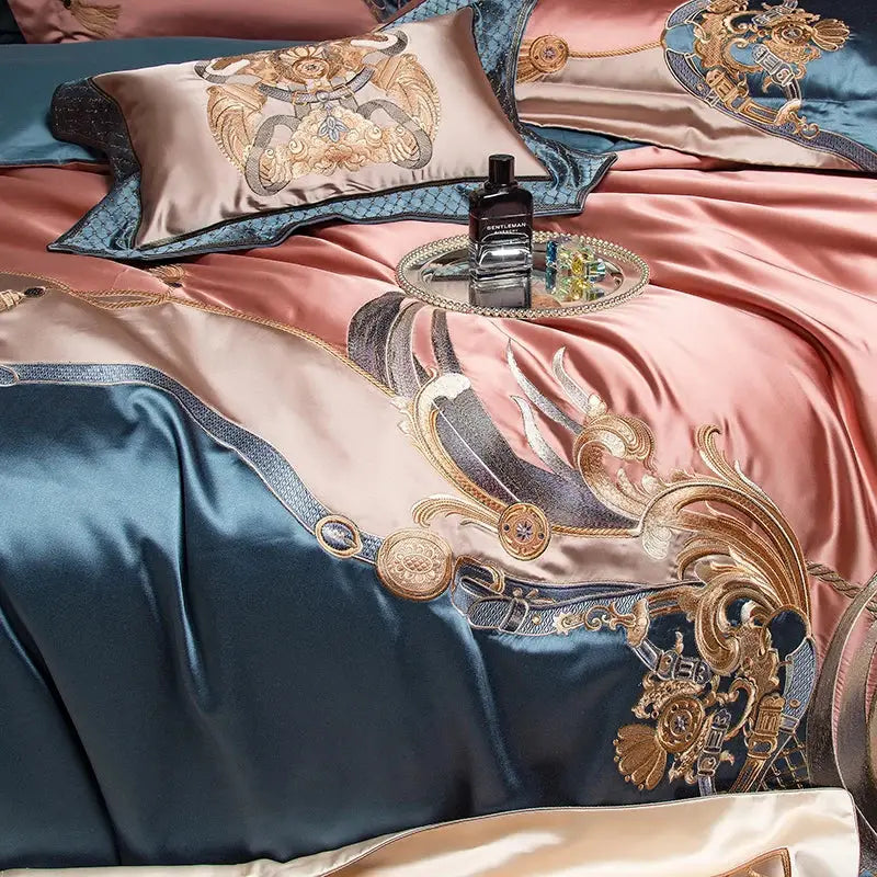 Luxurious 1500tc egyptian cotton bedding set in blush pink and deep teal with gold baroque embroidery for bedroom use