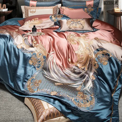 Luxurious rose gold and deep teal satin bedding set with golden baroque embroidery made from 1500tc egyptian cotton