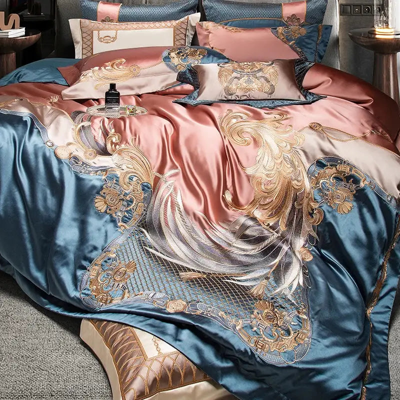 Luxurious rose gold and deep teal satin bedding set with golden baroque embroidery made from 1500tc egyptian cotton