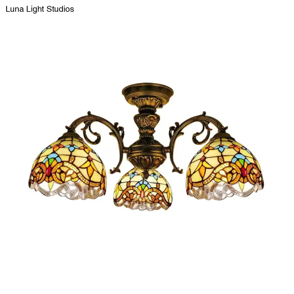DecorBites™ DecorBites™ Baroque Semi Flush Ceiling Light in Aged Brass with Stained Glass Dome Shade